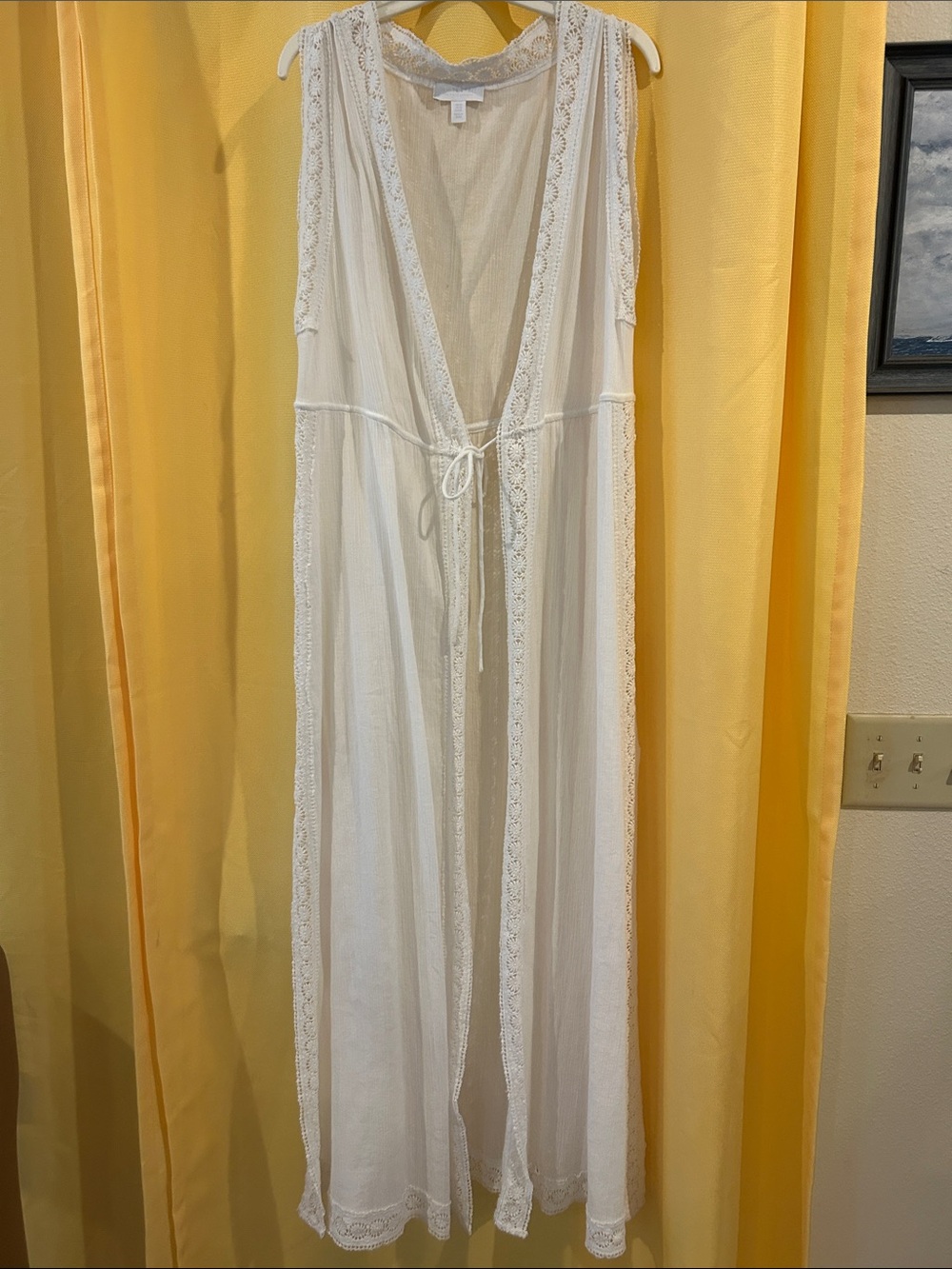 Sheer Lace-Trim Long Robe in Cream with Waist Tie